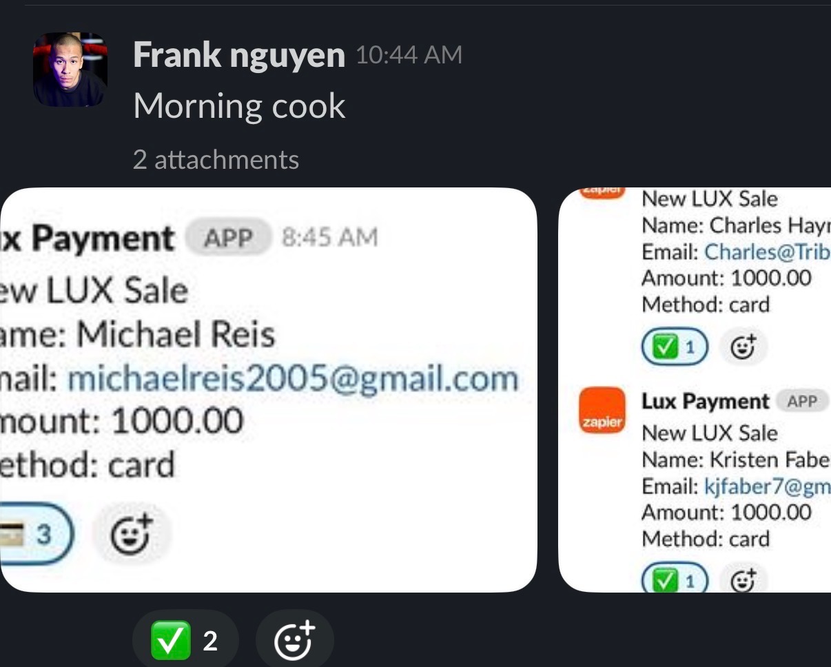 Frank Nguyen morning cook, multiple LUX sales
