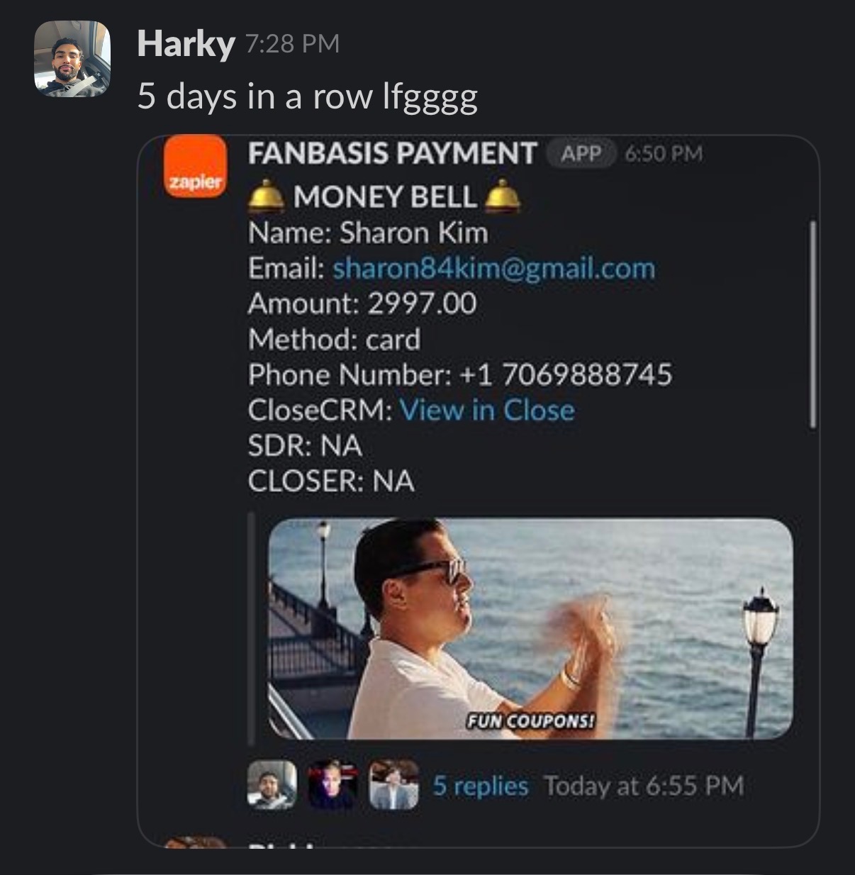 Harky 5 days in a row, $2,997 sale